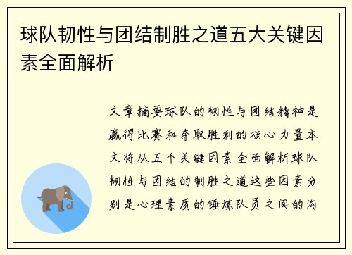 球队韧性与团结制胜之道五大关键因素全面解析