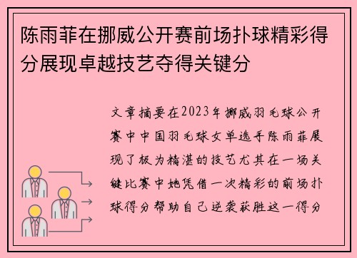 陈雨菲在挪威公开赛前场扑球精彩得分展现卓越技艺夺得关键分 陈雨菲在挪威公开赛前场扑球精彩得分展现卓越技艺夺得关键分