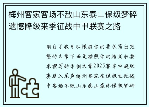 梅州客家客场不敌山东泰山保级梦碎遗憾降级来季征战中甲联赛之路