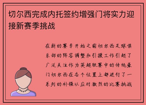 切尔西完成内托签约增强门将实力迎接新赛季挑战
