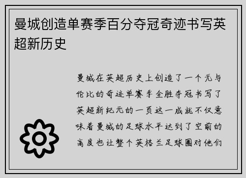 曼城创造单赛季百分夺冠奇迹书写英超新历史